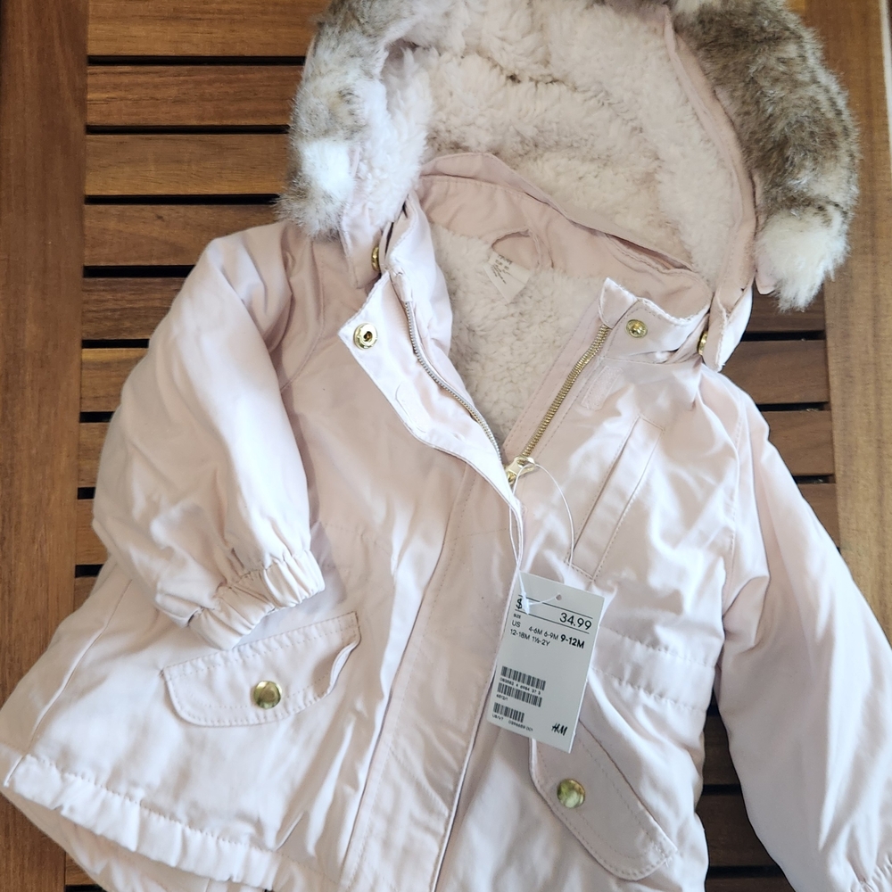 H&M Kids Pink Winter Jacket with Faux Fur Hood